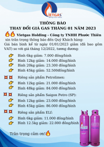 Vietgas Holding - Công ty TNHH Phước Thiên trân trọng thông báo đến Qúy khách hàng giá bán bình kể từ ngày 01/1/2023